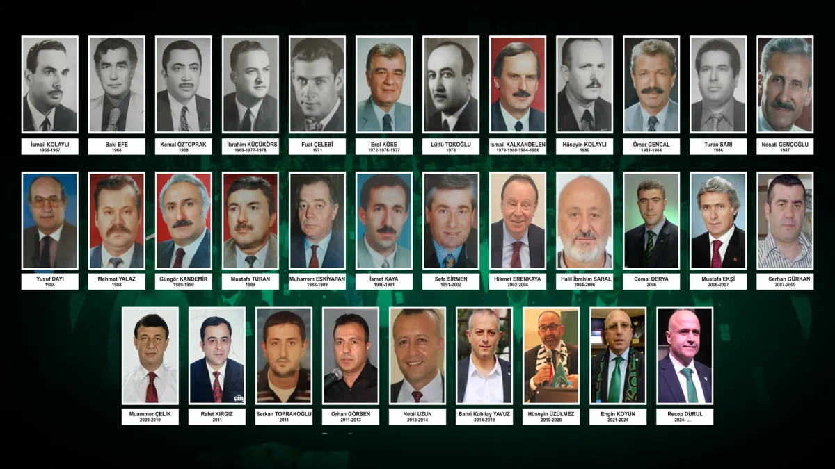 1966'dan bugüne Kocaelispor Kulübü'nün 33 başkanının portreleri; isimler ve görev yılları aşağıdaki listede.