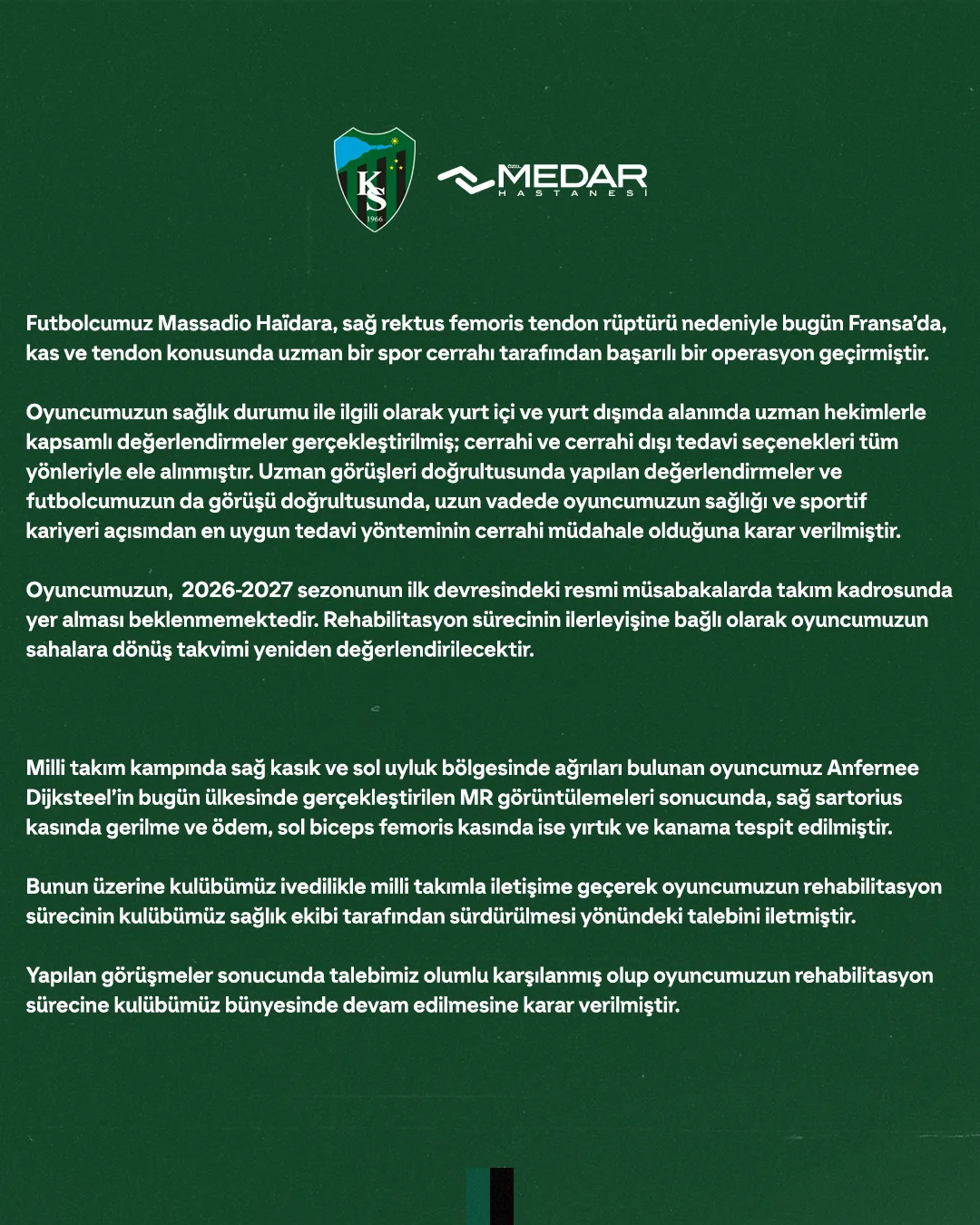 Oyuncularımızın sağlık durumları ile ilgili bilgilendirme. 👇🏻